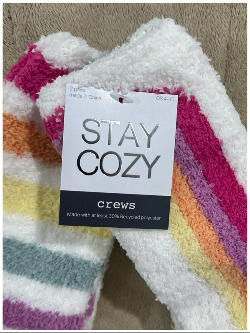 Stay Cozy Striped Fuzzy Crew Socks ~ 2 Pack ~ NWT ~ Size OS 4-10 ~ Item #503